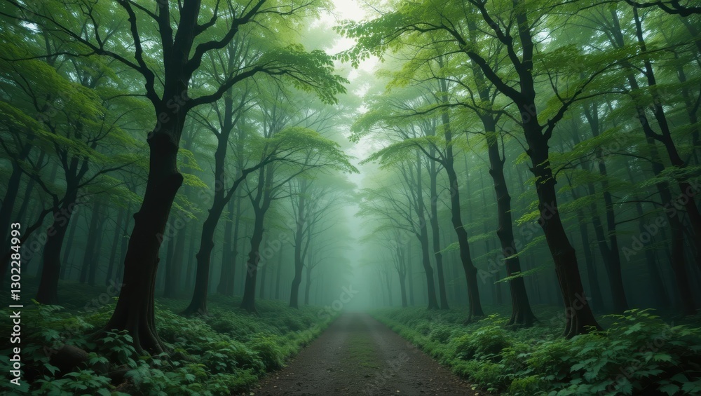 Fototapeta premium Mysterious Forest Pathway Surrounded by Lush Green Trees and Fog in Tranquil Nature Setting
