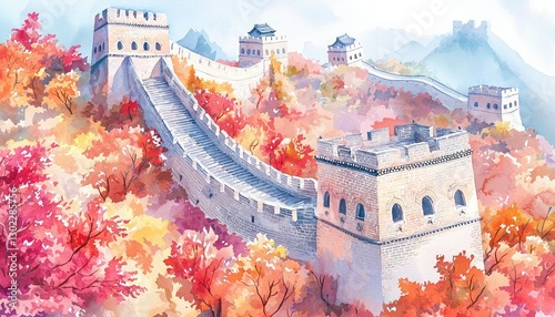A picturesque view of the Great Wall of China surrounded by vibrant autumn foliage in a watercolor style.