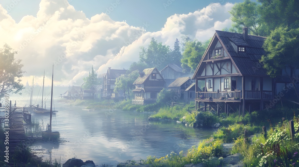 Fototapeta premium A peaceful lakeside village scene with quaint homes and docks