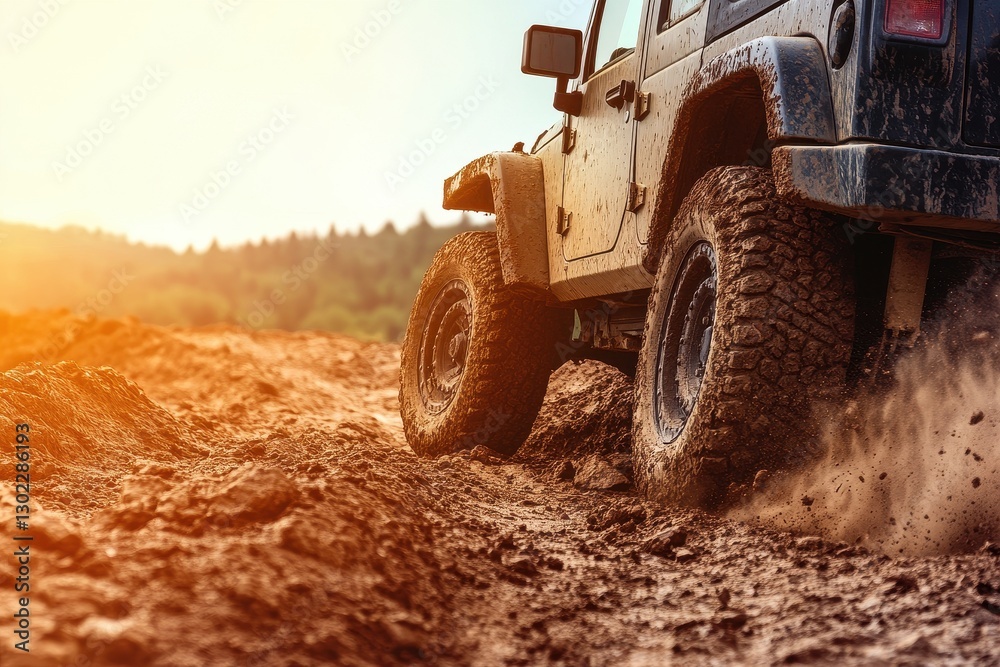 Obraz premium Rugged Off-Road Vehicle in Motion Kicking Up Dust on a Challenging Terrain