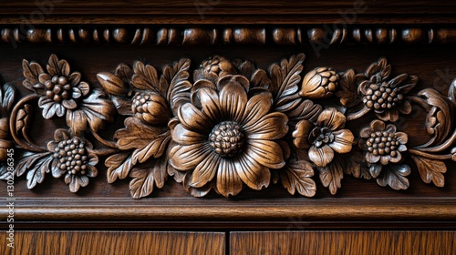 Intricate wood carving floral design, dark brown wood, interior, decorative detail, furniture