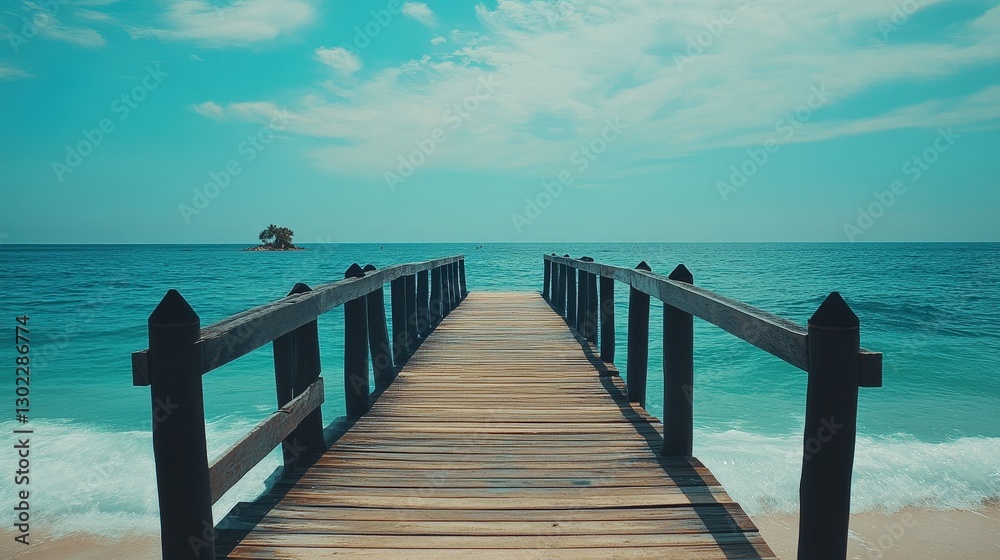Sun-kissed wooden planks meander into a tranquil sea, their light brown hues dancing under soft sunlight, inviting footsteps on an endless ocean path Sun-kissed wooden planks meander into a tranquil sea, their light brown hues dancing under soft sunlight, inviting footsteps on an endless ocean path
