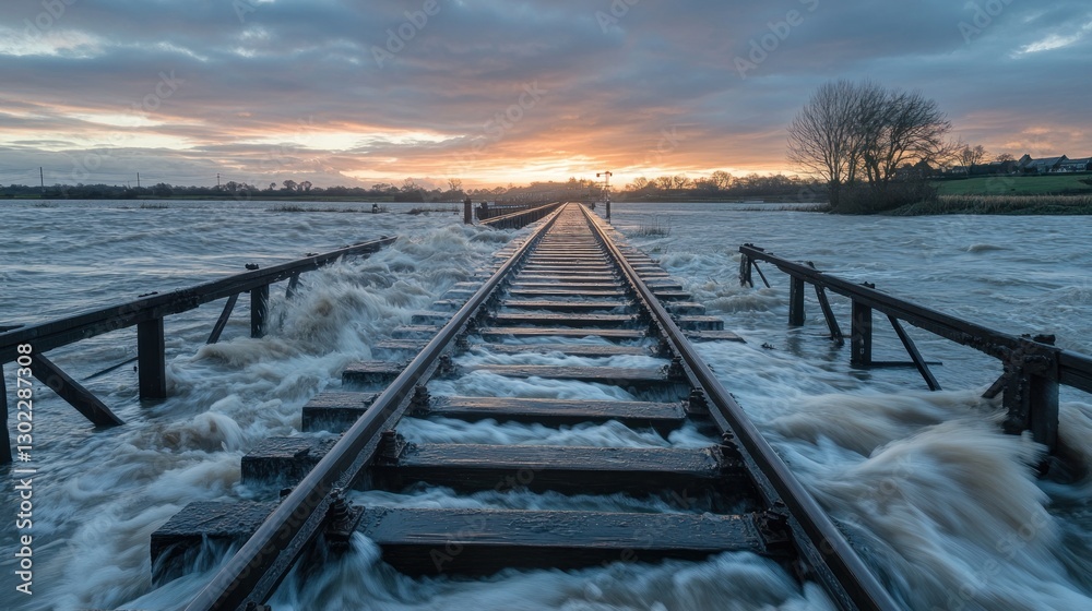Fototapeta premium Sunset over Flooded Railway Tracks