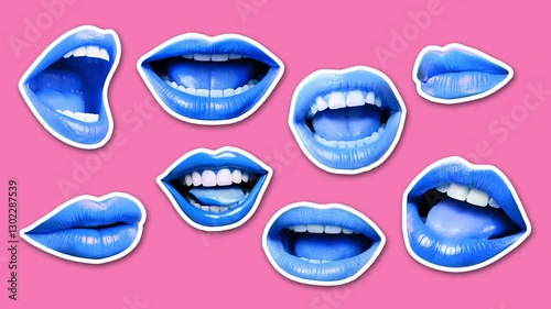 Mouths talking loop. Playful cut-out collage-style animation. Blue and pink. AI videos were used as design elements. Chat overload concept.