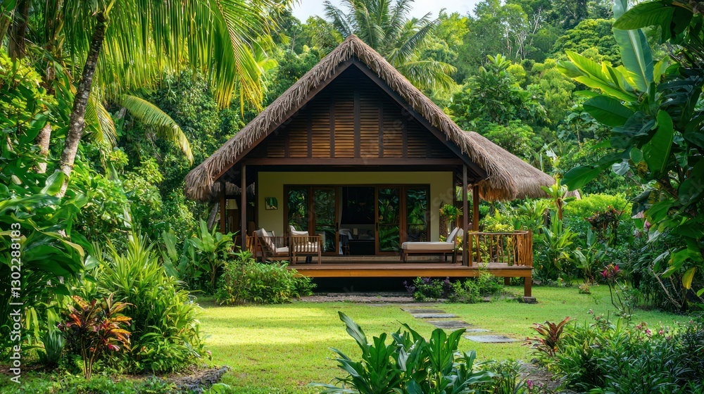 A luxurious Tahiti bungalow surrounded by crystal-clear waters and lush greenery. A luxurious Tahiti bungalow surrounded by crystal-clear waters and lush greenery.