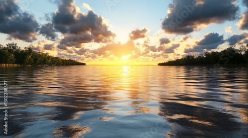 Golden Sunset Reflected On Rippled Sea with Tree Lined Shore Under Cloudy Sky