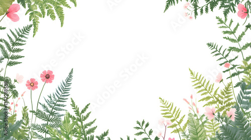 Hand-drawn botanical frame with wildflowers and ferns, cut out, frame of green leaves