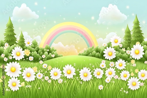 Rainbow Over Rolling Hills with Daisies and Trees