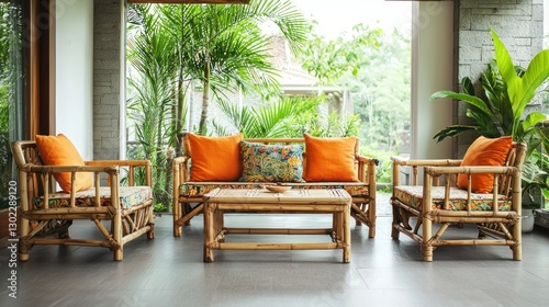 A tropical bungalow interior with bamboo furniture and vibrant cushions.