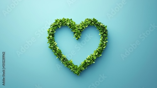 Green heart made of leaves on blue background. Concept of love, nature, environment, and ecology.