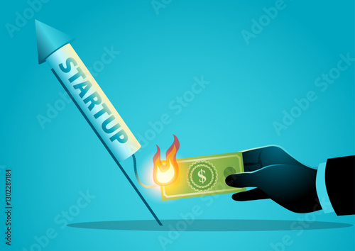 Conceptual vector illustration of a businessman’s hand holding burning money igniting a rocket labeled STARTUP, symbolizing the cash burn rate in startups