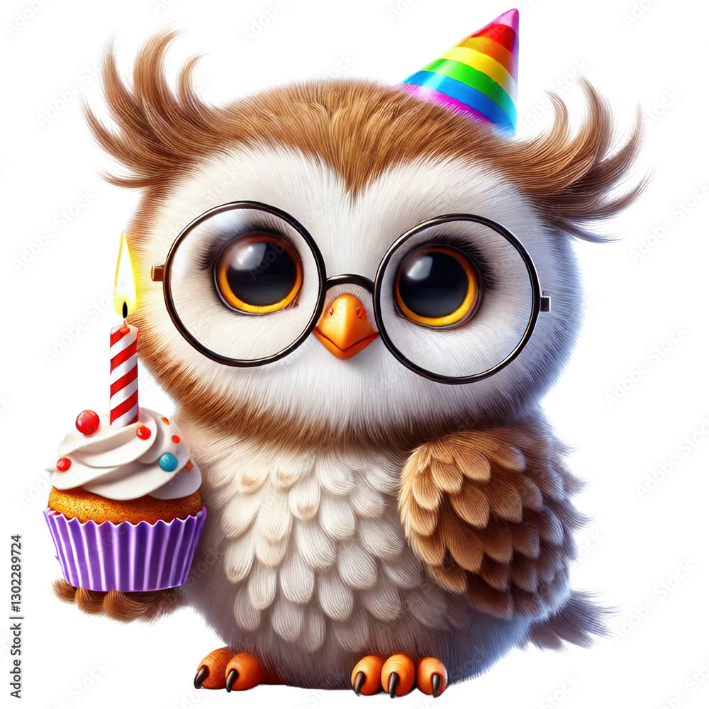 Obraz premium Owl Birthday Cupcake Clipart, Cute Cartoon Bird with Party Hat PNG