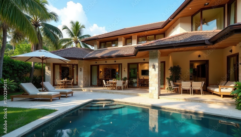 Fototapeta premium Large house, inviting patio with seating area, architecture, spacious, metal