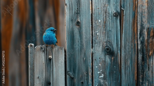 A detailed shot of an indigo bunting perched on a rustic wooden fence.