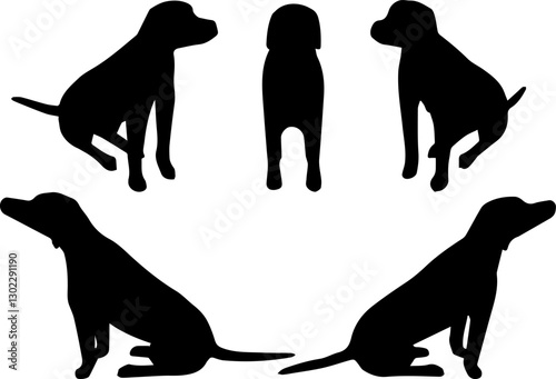 A collection of black dog silhouettes in various sitting and standing positions, displayed on a white background, perfect for design, illustration, and creative projects.