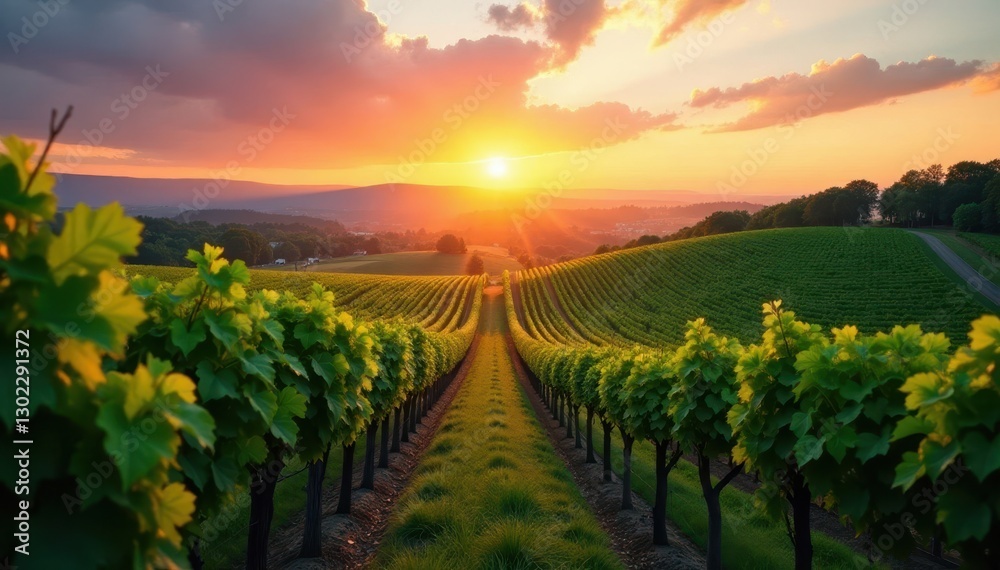 Fototapeta premium Sunset hues paint rolling green vineyards, golden light bathes leaves , summer, shadow