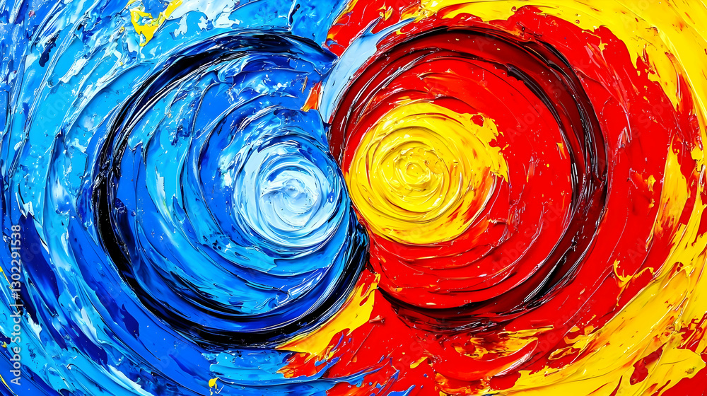 Fototapeta premium Swirling blue, red, and yellow oil paint texture, close-up studio shot, abstract background for design