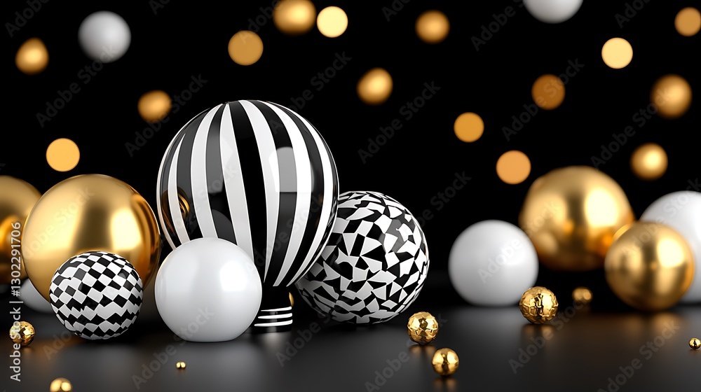 Fototapeta premium Black White Gold Spheres Abstract 3D Rendering