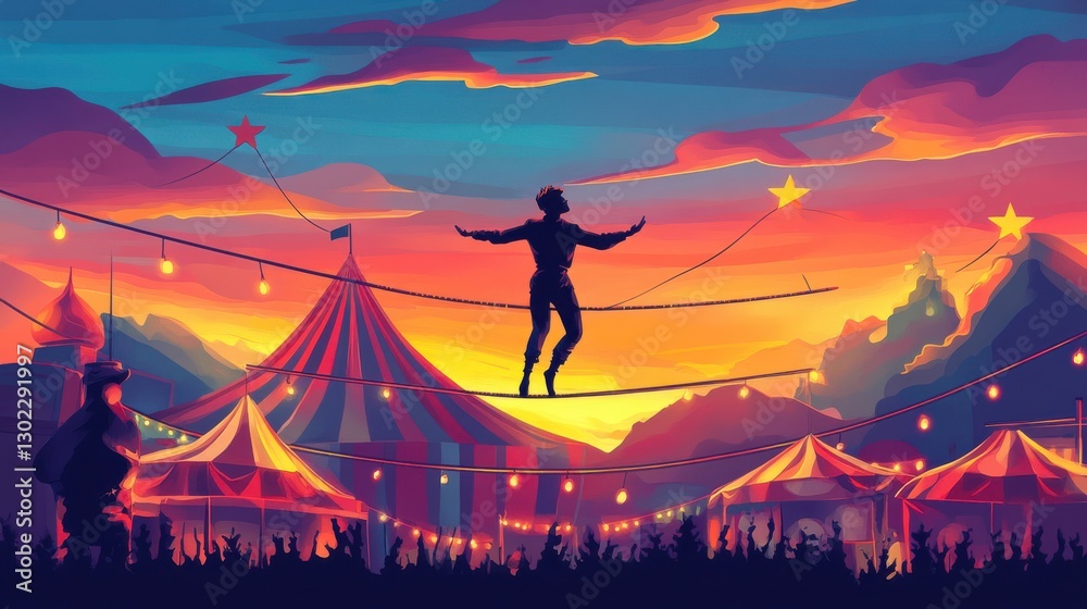 Fototapeta premium Graceful Performer Balancing on Tightrope at Sunset in Colorful Circus