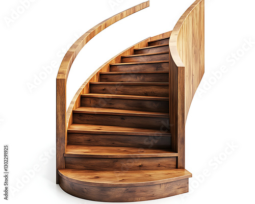 Shiny wooden staircase with elegant handrails isolated on white background, classic interior design, luxury home architecture.