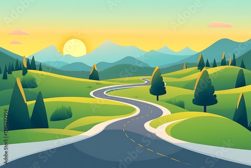 Winding Road Through Scenic Mountain Valley Sunrise