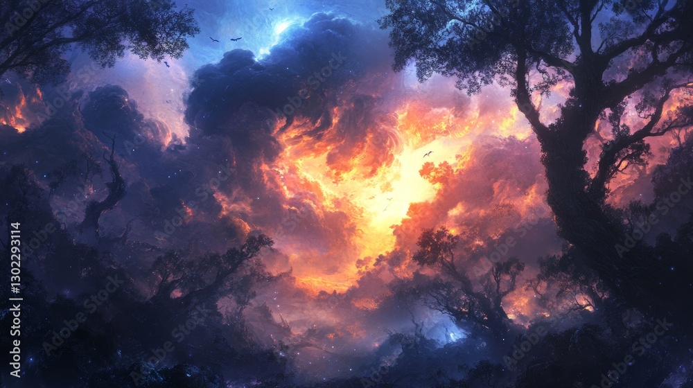 Fiery Celestial Forest: A Surreal Nightscape Fiery Celestial Forest: A Surreal Nightscape