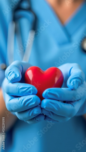 a bright red heart in the hands of a doctor, as a symbol of health care. preventive medicine. the concept of healthcare and medical insurance. vertical image