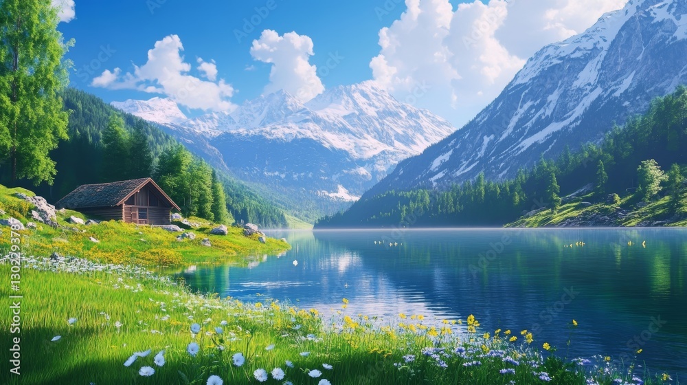 Fototapeta premium Serene Mountain Lake Cabin Escape