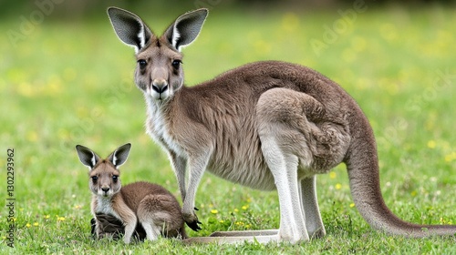 Kangaroo with Joey in Pouch: A mother kangaroo standing alert in the Australian outback, her joey peeking out from her pouch. 