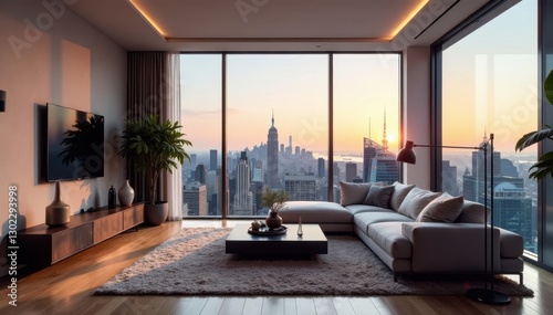 Spacious living room, high ceilings, stunning city view, city, light, panoramic