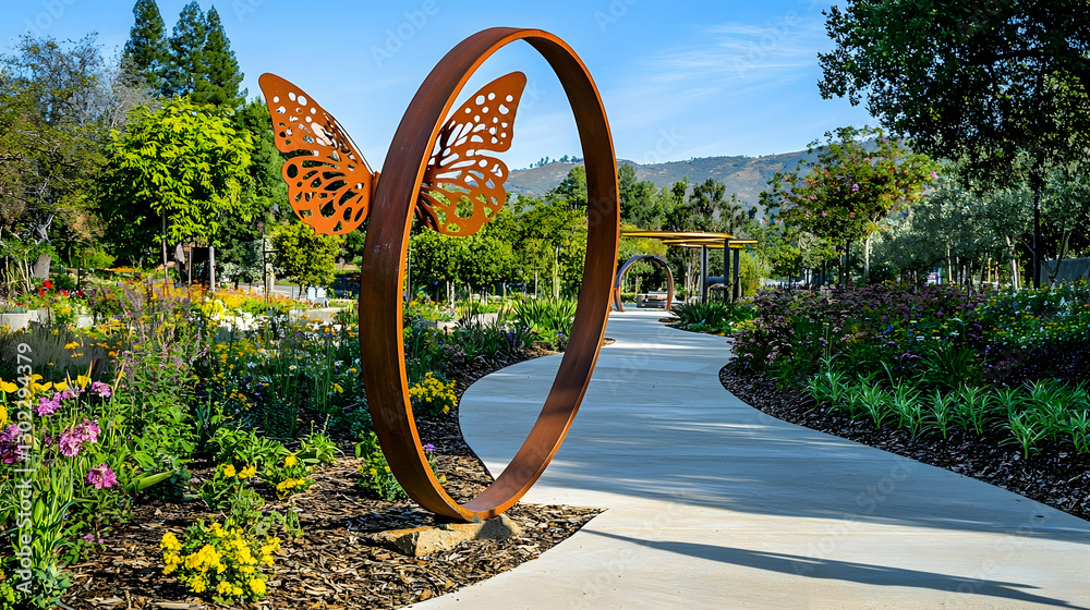 Rusty metal ring sculpture of a butterfly, park path, vibrant garden, scenic backdrop Rusty metal ring sculpture of a butterfly, park path, vibrant garden, scenic backdrop