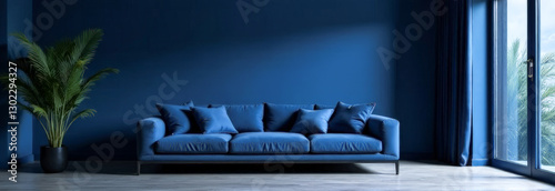 The banner is a moody blue color in a minimalist living room interior. the beneficial effect of color on sleep quality