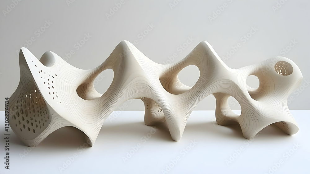 Fototapeta premium Abstract Wooden Sculpture Studio Shot, Intricate Design, White Background, Architectural Model