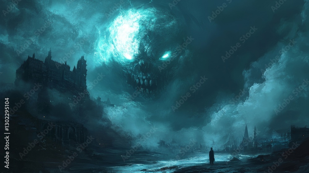Fototapeta premium The Monstrous Celestial Entity Looms Over the Coastal Castle