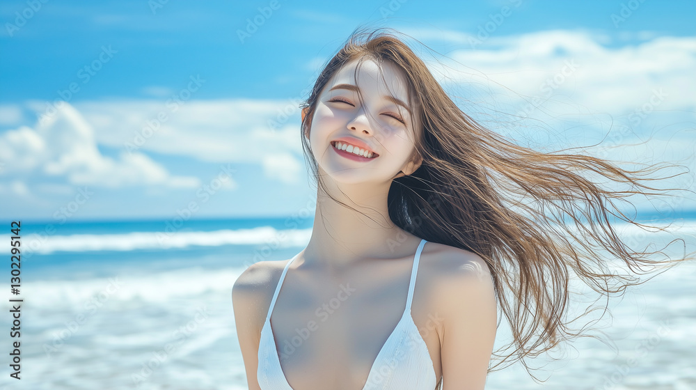 Smiling Young Woman in Bikini Enjoying a Sunny Day at the Beach Smiling Young Woman in Bikini Enjoying a Sunny Day at the Beach