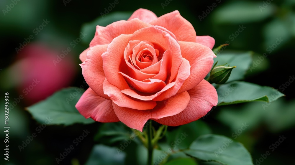 Close up of a beautiful peach rose in full bloom with green leaves in the background. Concept of nature, beauty, and romance. Close up of a beautiful peach rose in full bloom with green leaves in the background. Concept of nature, beauty, and romance.