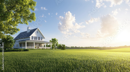 Wallpaper Mural serene countryside scene featuring charming house surrounded by lush green fields and bright sky Torontodigital.ca