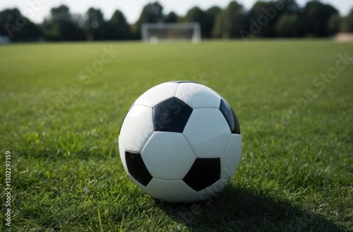 soccer ball resting on vibrant, lush green sports grass, creating a classic and energetic image of the game.
