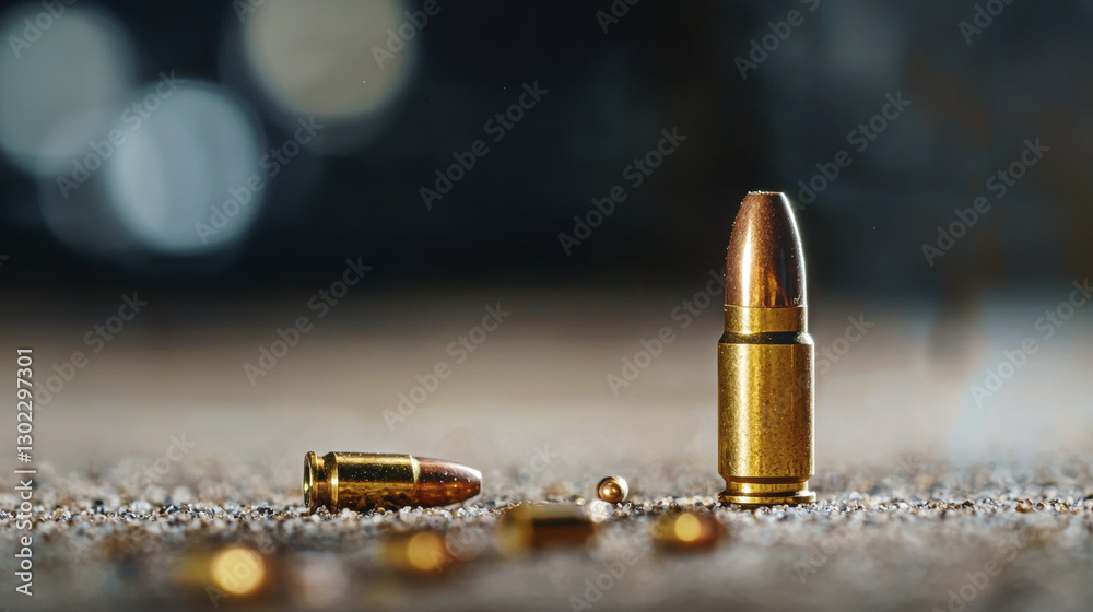 close up view of various bullets on textured surface, showcasing their metallic shine and details close up view of various bullets on textured surface, showcasing their metallic shine and details