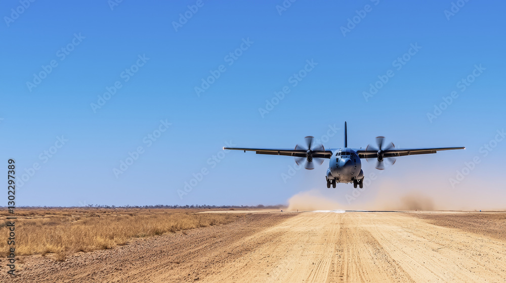 military aircraft takes off from dirt runway, kicking up dust in clear blue sky military aircraft takes off from dirt runway, kicking up dust in clear blue sky