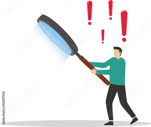 Businessman looking through magnifying glass with surprise. Story telling, speak out loud to draw attention and interest, fact important information or secret, caution and alert call concept.

