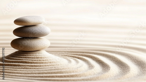 peaceful zen garden with raked sand patterns and smooth stones creating harmony