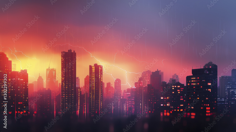 Fototapeta premium Dramatic city skyline during thunderstorm with vibrant colors and lightning
