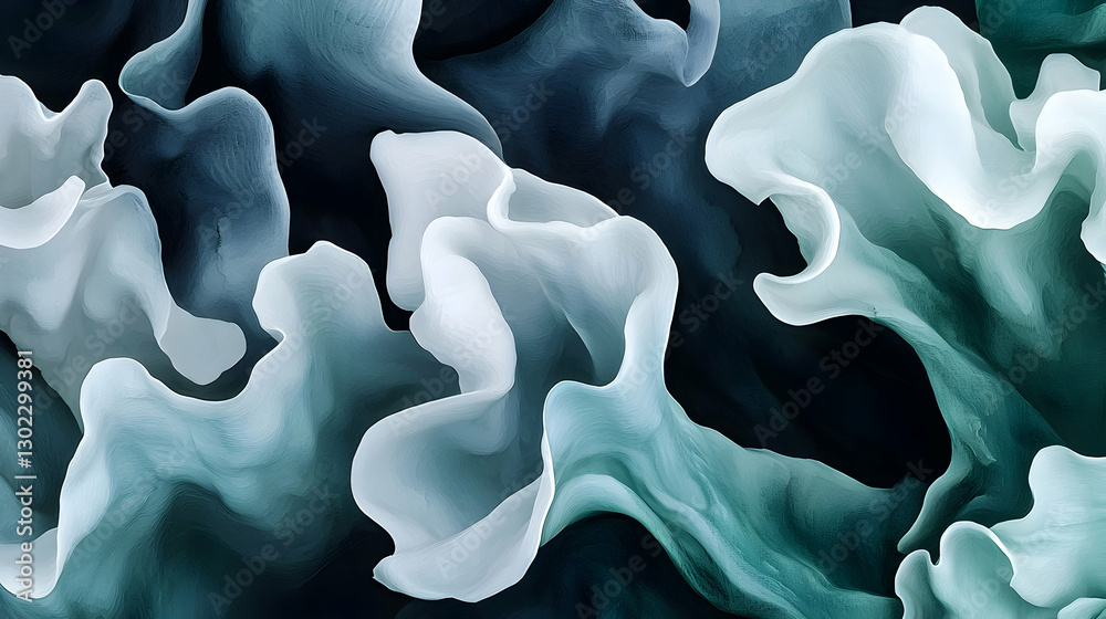 Fototapeta premium Abstract teal and white fluid swirls, dynamic motion design, dark background, website banner