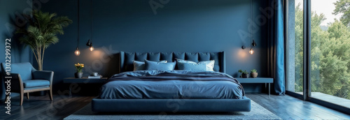 The banner is a moody blue color in a minimalist bedroom interior. the beneficial effect of color on sleep quality. insomnia treatment