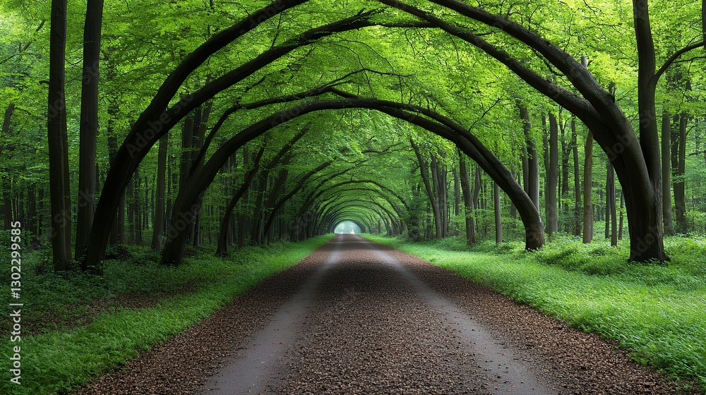 Obraz premium Green Forest Path with Arching Trees and Sunlight