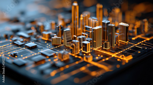 Digital city blueprint with glowing circuits and skyscrapers, showcasing urban transformation and technology integration