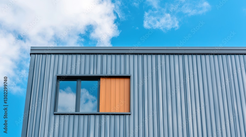 Fototapeta premium Exterior of a modern building with metal siding and a window reflecting the sky.
