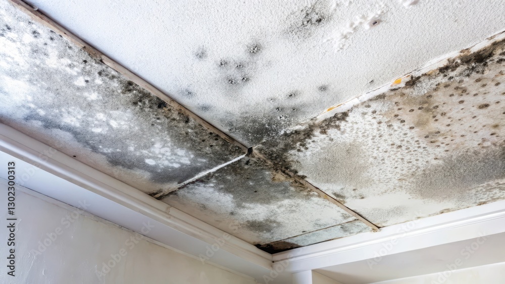 Black mold growth on ceiling with white mildew spots due to dampness and poor airflow, home maintenance, ventilation problems Black mold growth on ceiling with white mildew spots due to dampness and poor airflow, home maintenance, ventilation problems