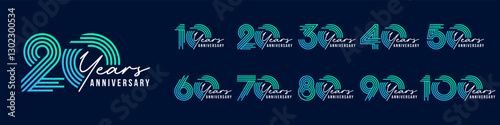 collection anniversary 10 to 100 year logo designs. abstract number for celebration event, wedding, greeting card, and invitation, vector illustration